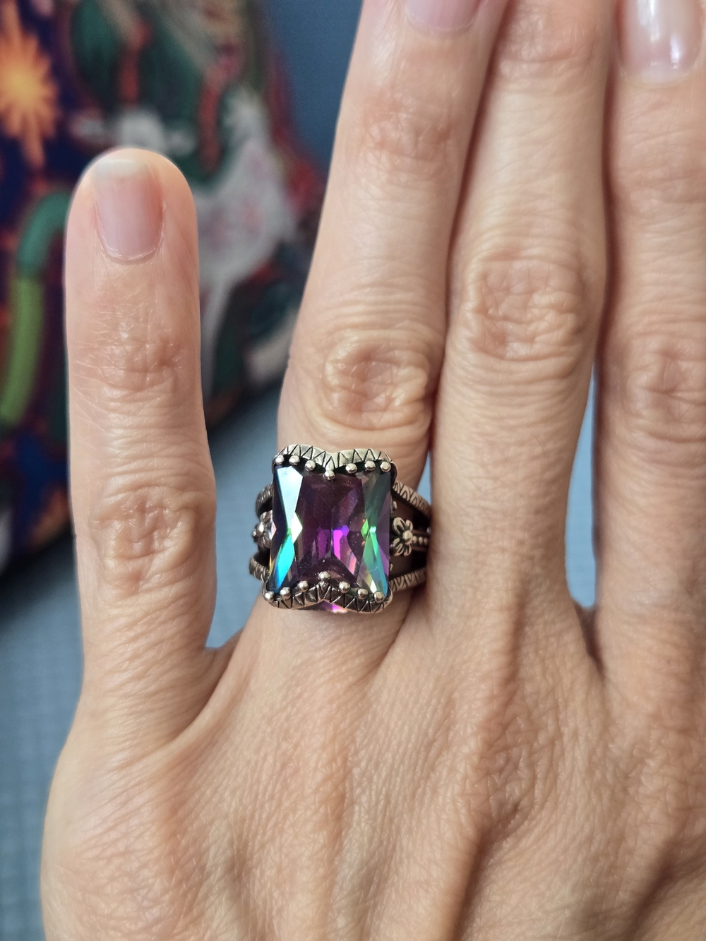 Mystic Aura Purple Green Square Crystal Statement Ring